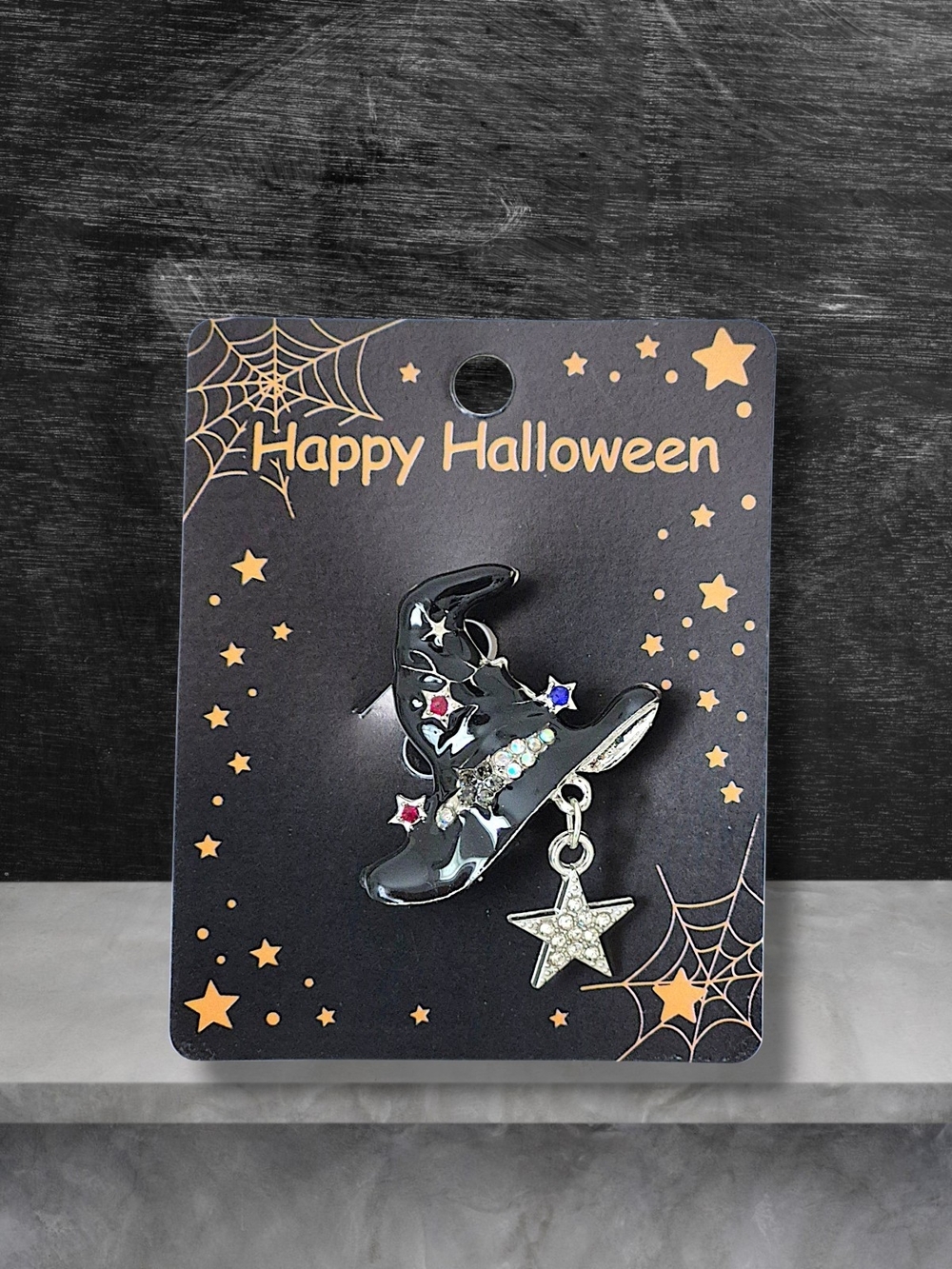 Black Witch's Hat Brooch Pin with Star Charm & Multicolored Crystals